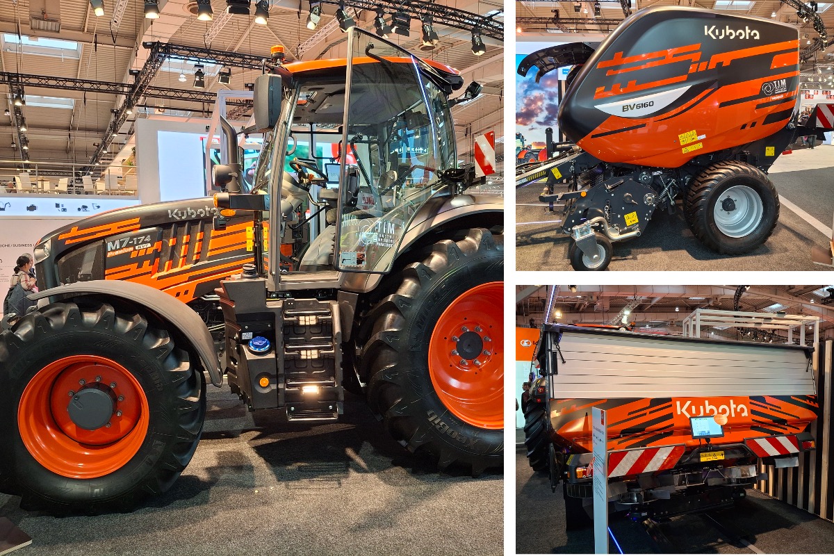 La livrea speciale per festeggiare 50 di Kubota: trattore M7-174 KVT, rotopressa BV 6160 e spandiconcime DSXL-V Geospread